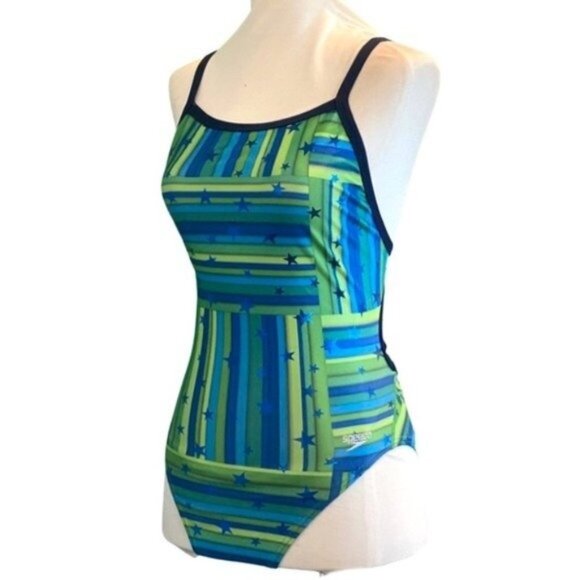Speedo Other - Speedo Striped and Stars Blue-Green Open Back One Piece Swimsuit Size 6